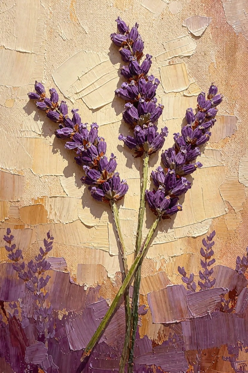 Textured oil painting of three purple lavender stems against a beige ochre background with impasto brushwork.