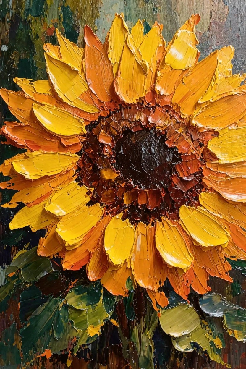 Oil painting of a single sunflower with thick yellow-orange petals, dark brown center, green leaves, and dark green background.