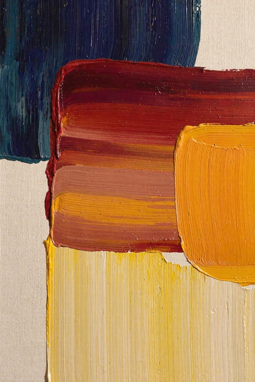 Abstract oil painting featuring thick, overlapping strokes of blue, red, orange, and yellow paint on a white canvas.