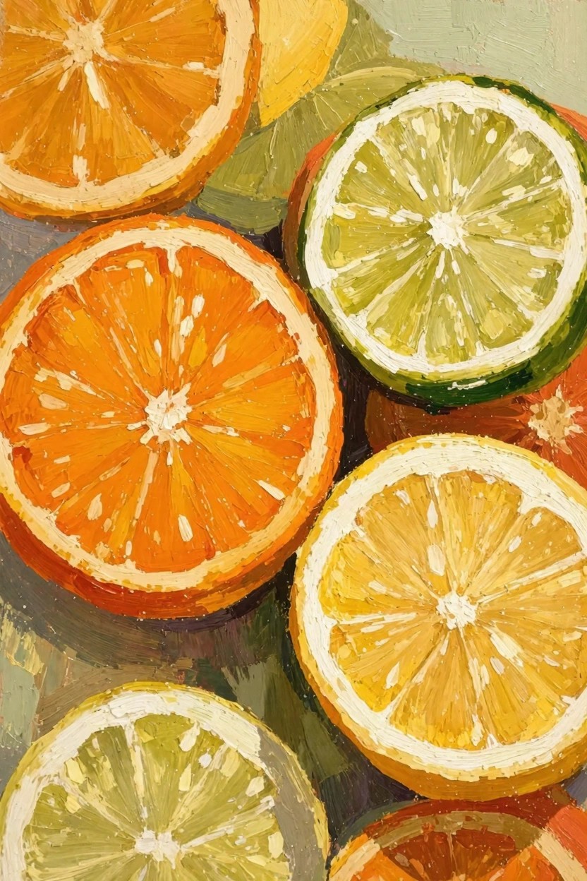 Oil painting of overlapping sliced oranges and limes with visible brushstrokes and textured surfaces.