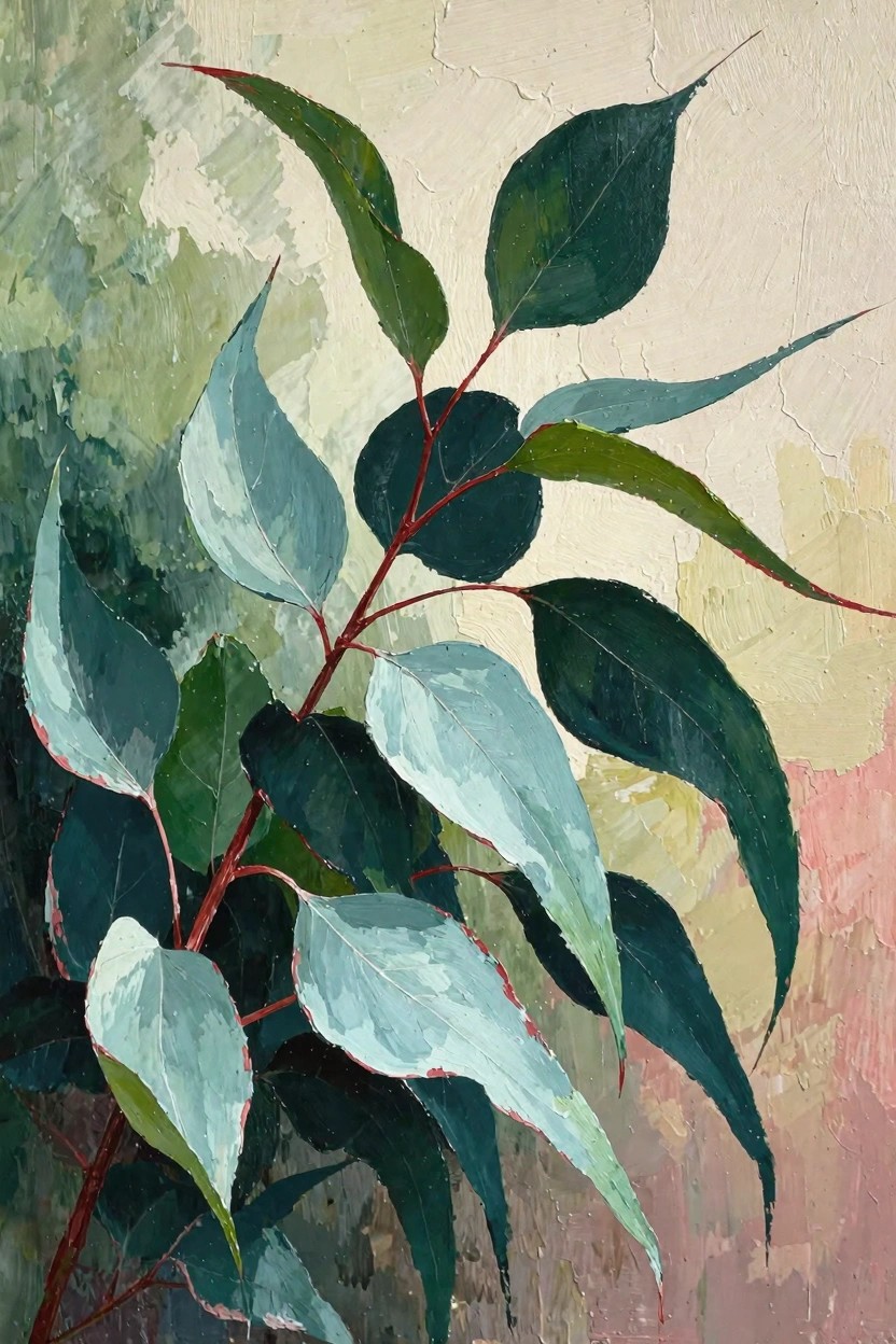 Oil painting of clustered eucalyptus leaves in silver-blue and green tones with red stems against a textured beige background.