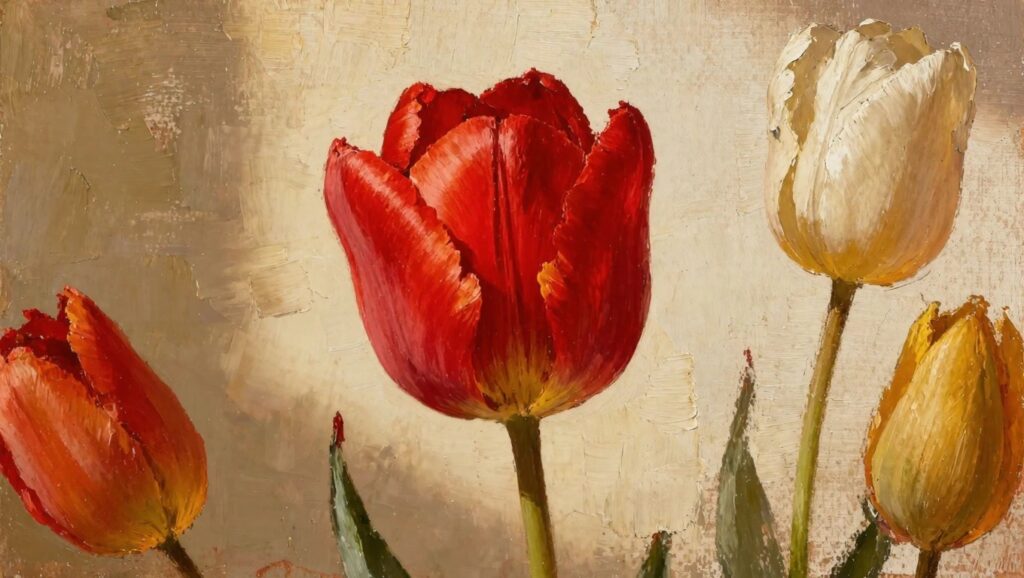 19 Essential Oil Painting Guide For Beginners To Start Strong Oil painting of a tall central red tulip with smaller orange and yellow tulips, green leaves, and stems against a textured beige background.