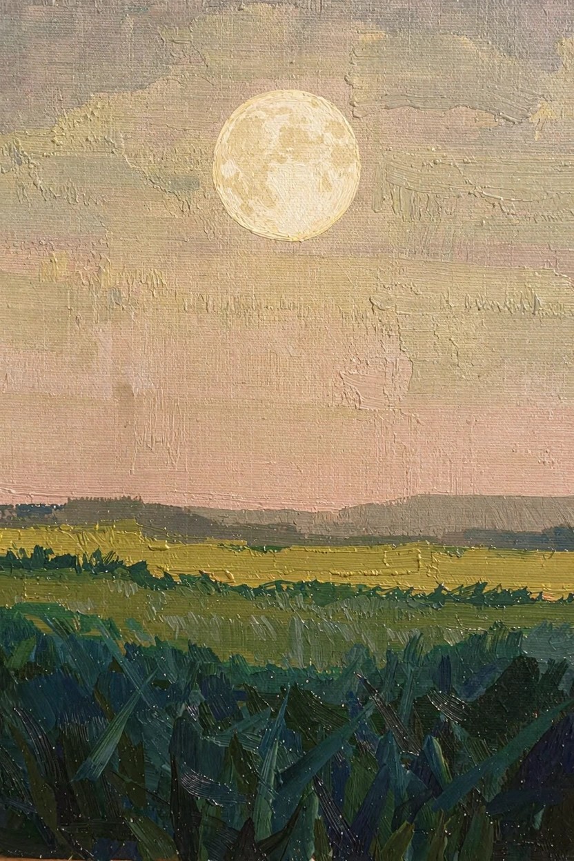Oil painting of a bright full moon in a blended pink-gray sky above yellow-green fields and tall dark green grasses with distant hills.