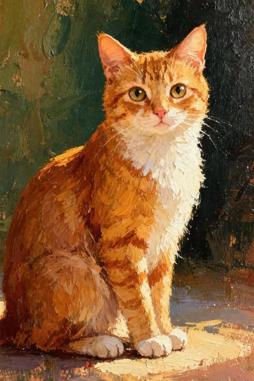 Oil painting of a ginger tabby cat with white chest and paws sitting against a dark green background.