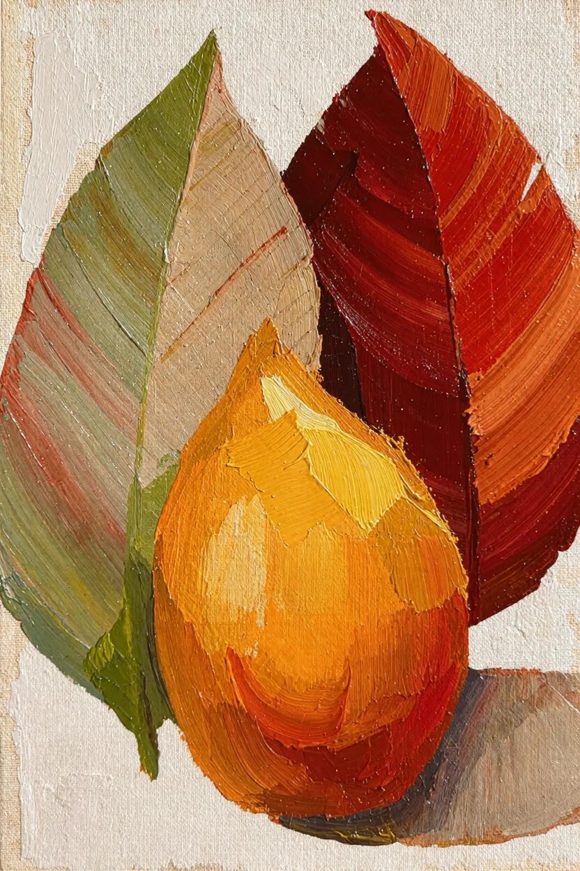 Oil painting of a golden orange fruit centered among three textured leaves in green, tan, and red on a white background with shadow.