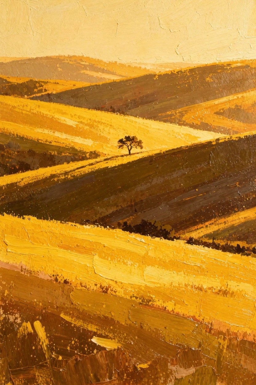 Oil painting of rolling golden hills in warm yellows and browns with a single dark tree on one hill.
