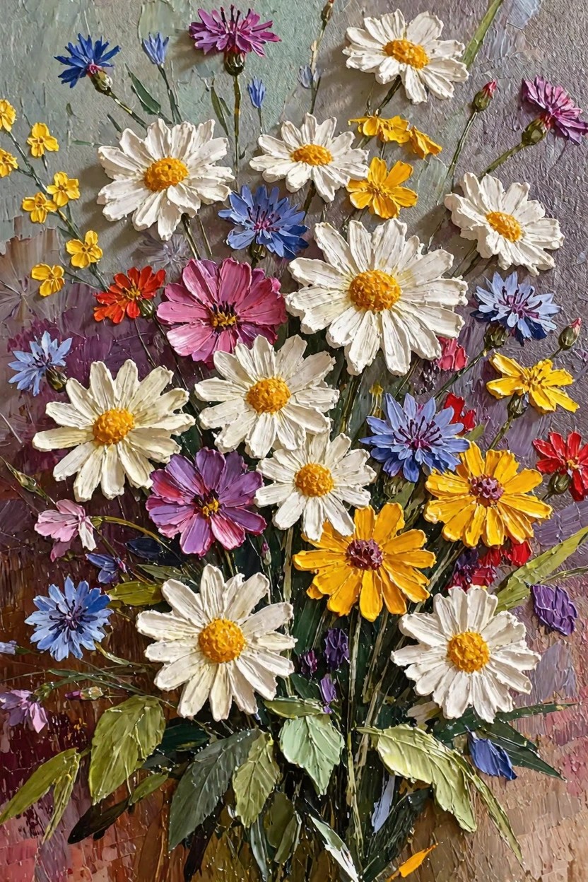 Oil painting of a textured bouquet featuring white daisies, blue cornflowers, yellow flowers, pink cosmos, and green leaves in a vase against a warm background.