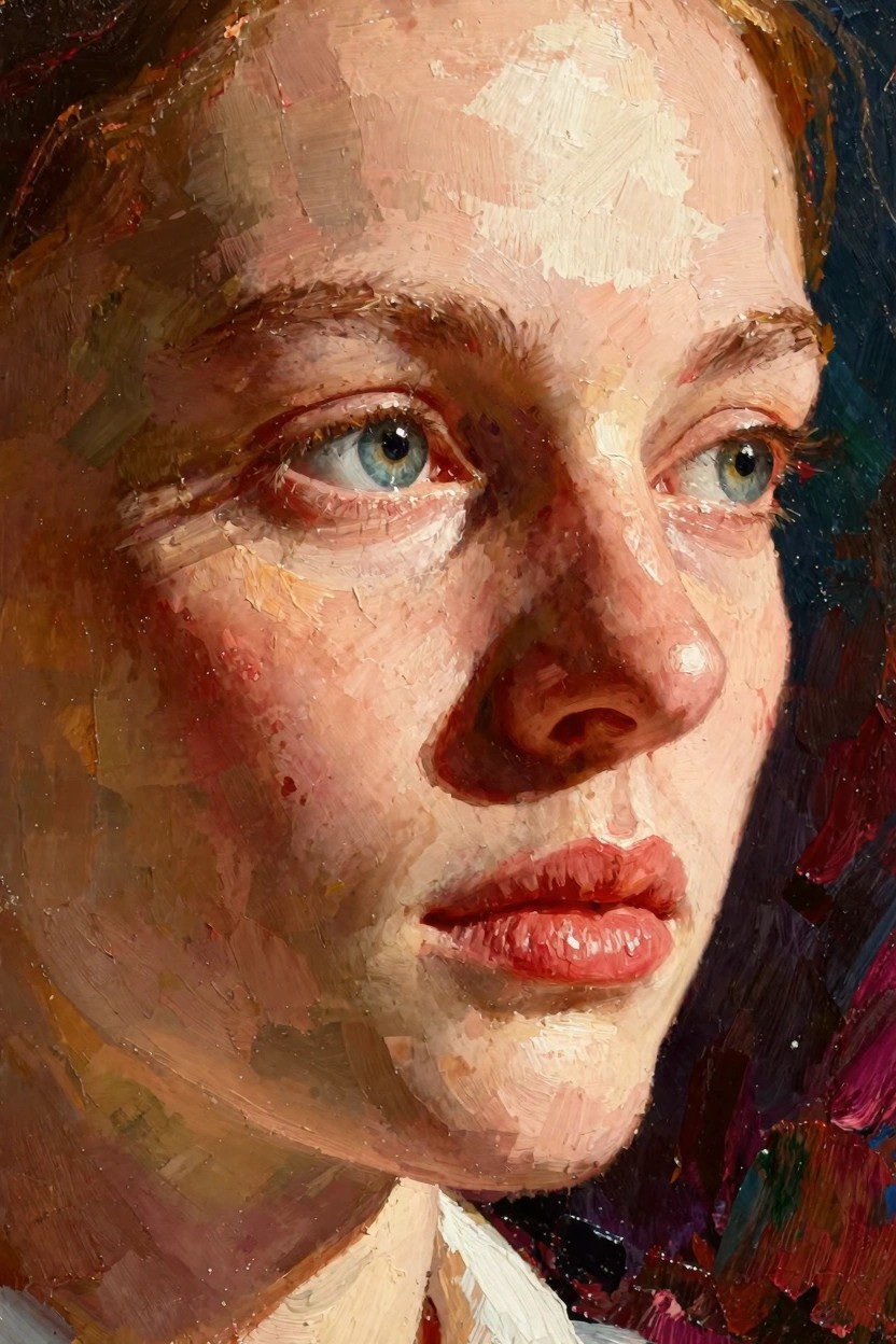 Close-up oil portrait of a young woman with pale skin, blue eyes, red hair, and red lips in three-quarter view with thick brushstrokes and dark background.