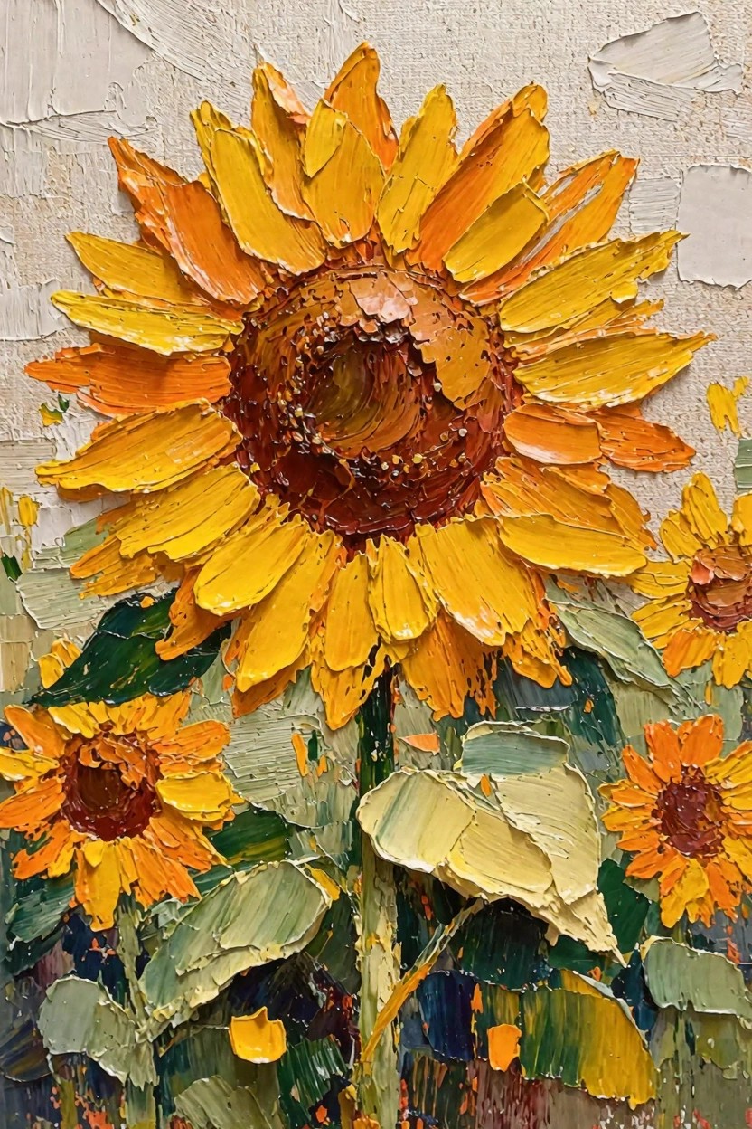 Impasto oil painting featuring a large central sunflower surrounded by smaller blooms and leaves on a textured off-white background.
