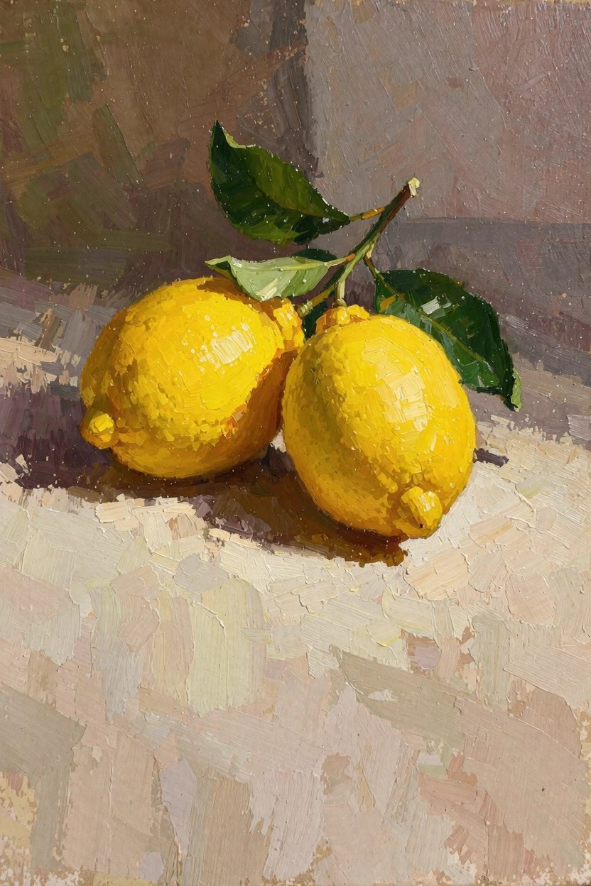 Oil painting of two glossy yellow lemons with green leaves and stems on a textured light surface.