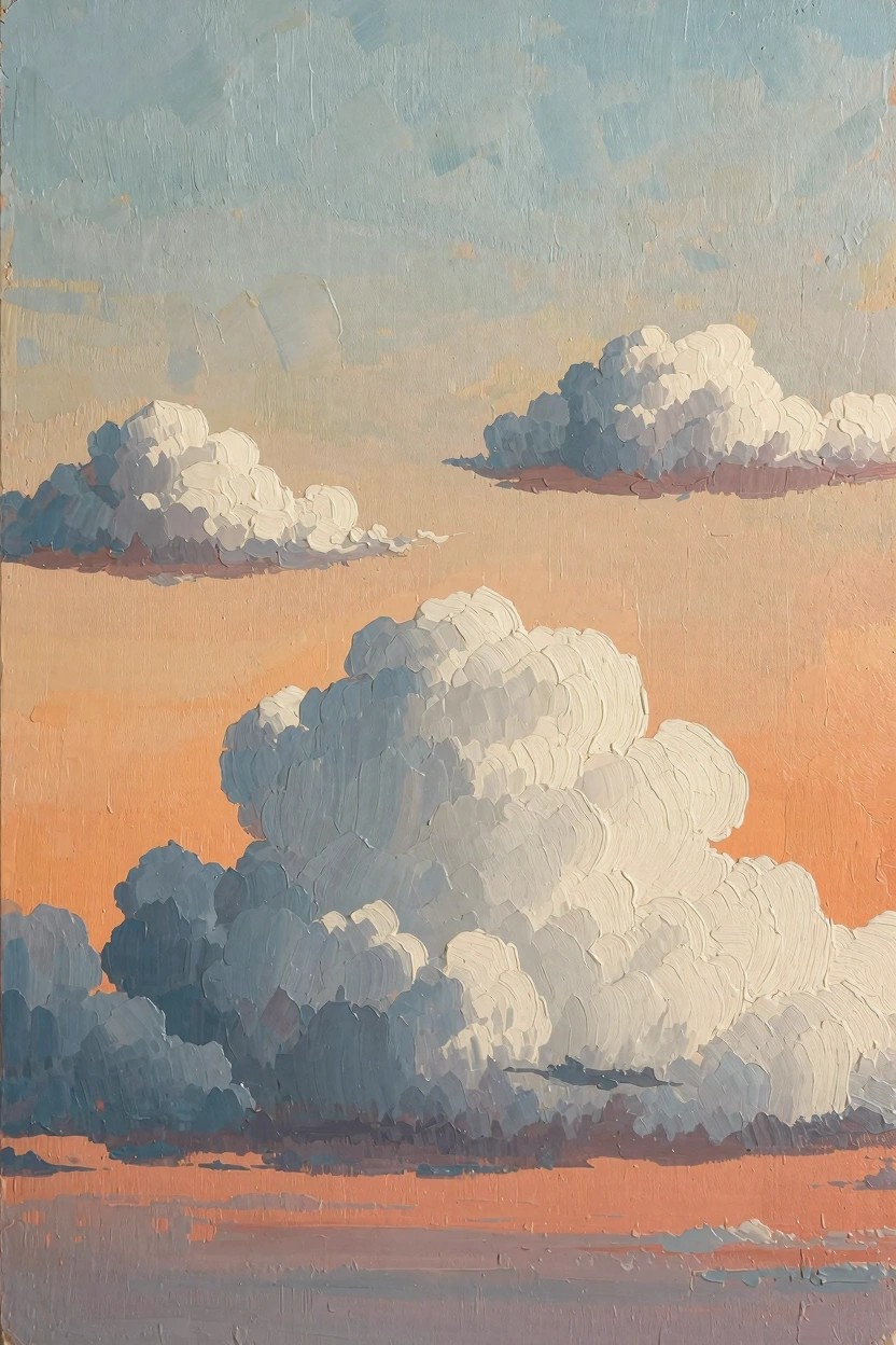 Oil painting depicting layered white clouds with textured brushwork against a sky fading from blue to orange.
