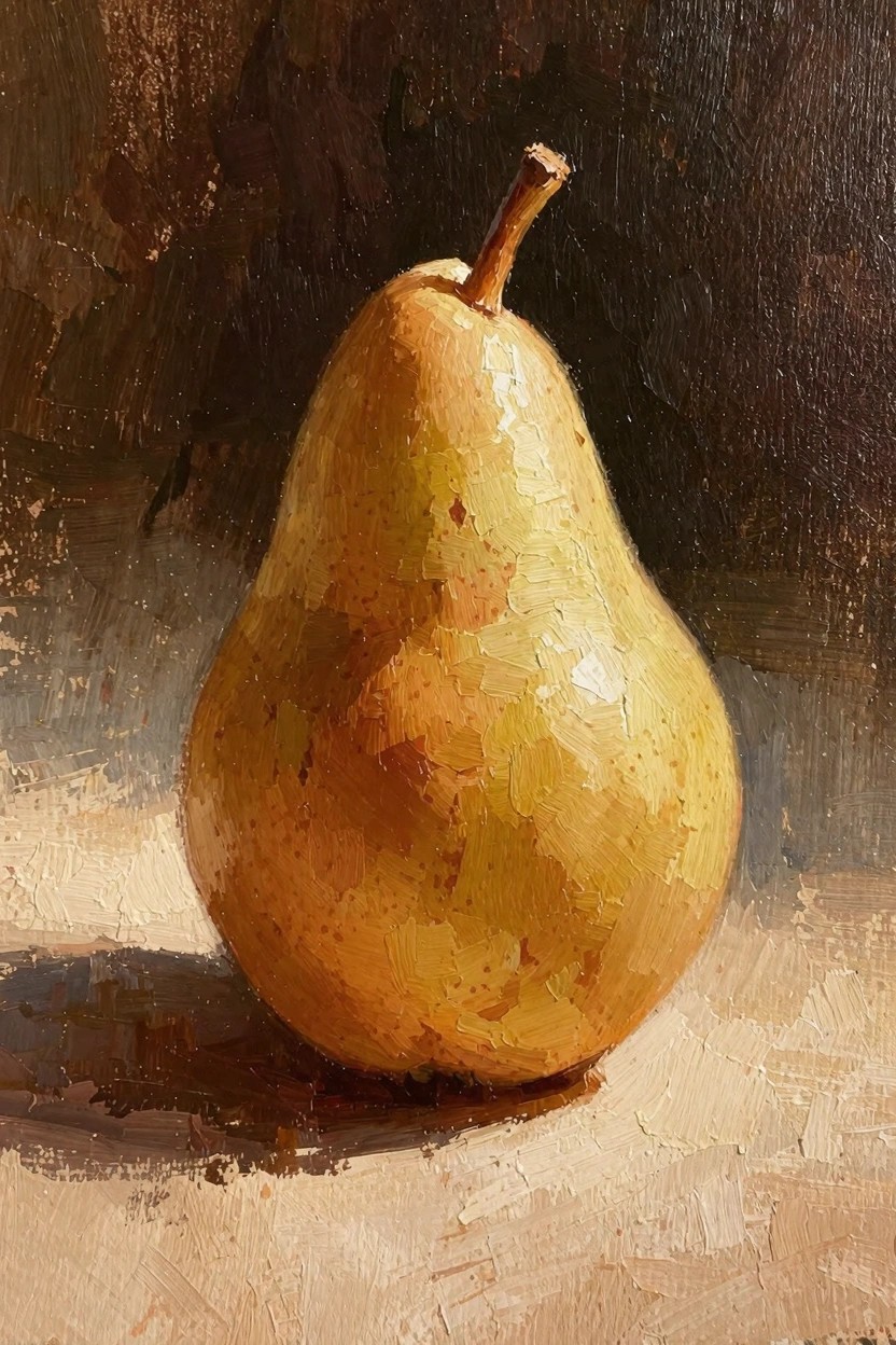 Oil painting of a yellow pear lit from the side against a dark background on a warm surface.
