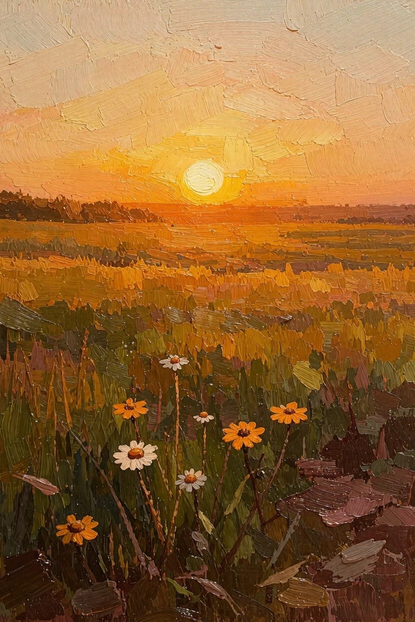 Oil painting of a large orange sun setting over golden wavy fields with wildflowers including white daisies and orange black-eyed Susans in the foreground grass.