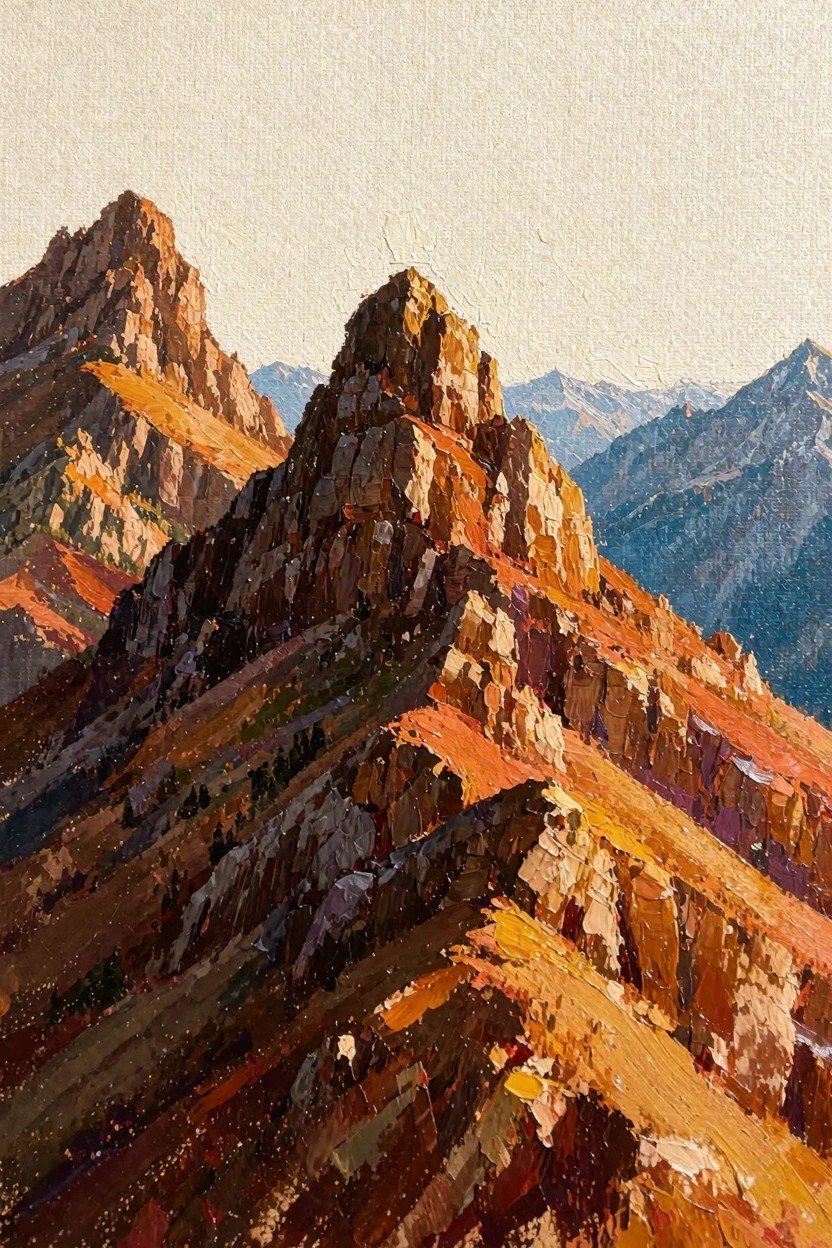 Textured oil painting of orange-red jagged mountain peaks layered against distant blue snowy mountains under a pale sky.