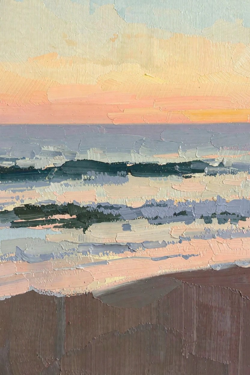 Oil painting of a sunset beach scene with textured blue-green waves, orange-pink sky, and brown-gray sand using impasto brushwork.