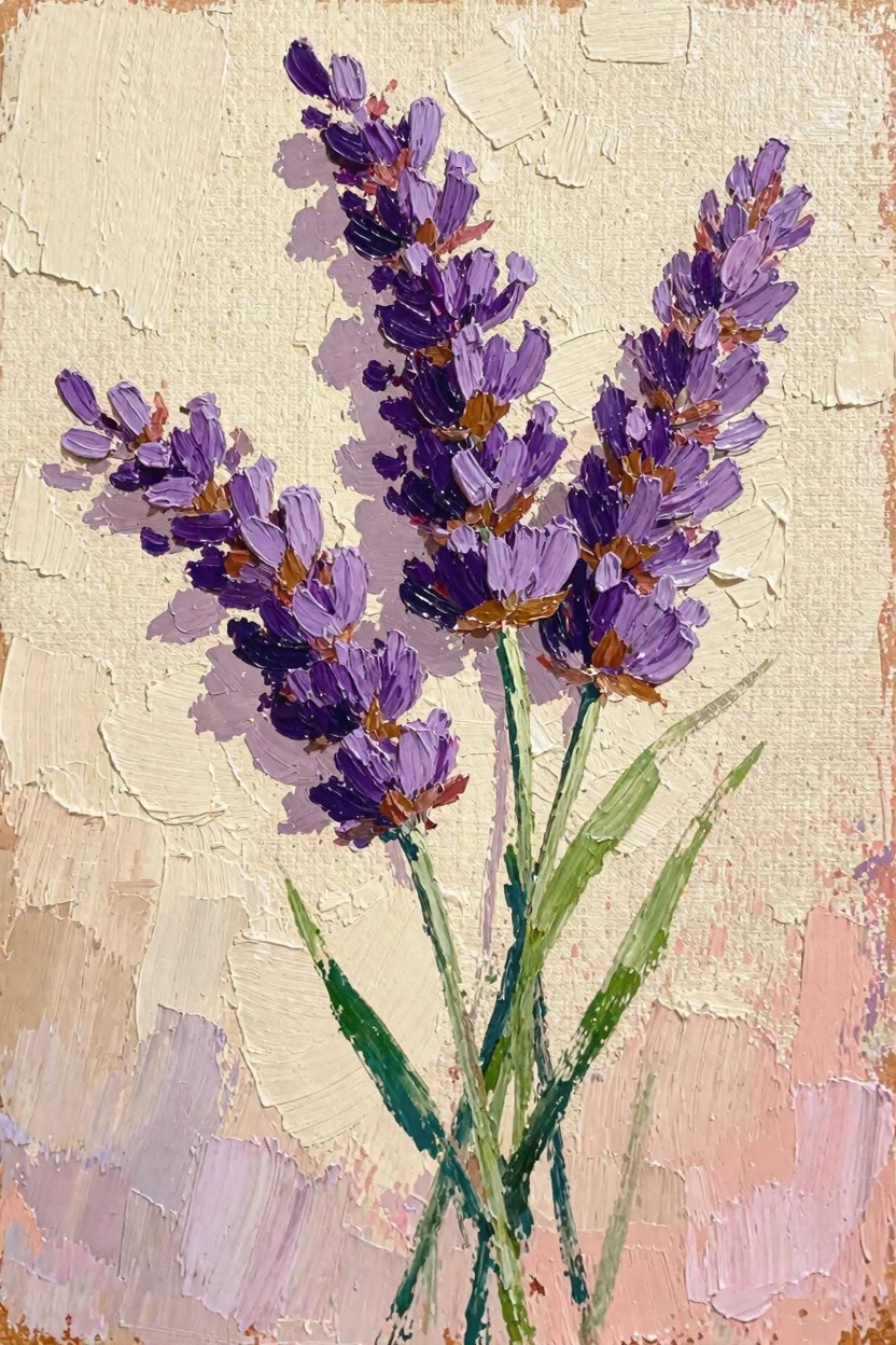 Oil painting of three clustered lavender stems with purple flowers and green leaves on a textured beige-pink background.