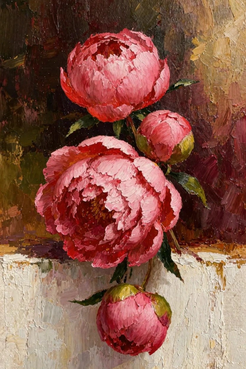 Oil painting of pink peonies at different bloom stages clustered on stems with leaves against a dark background and light ledge.