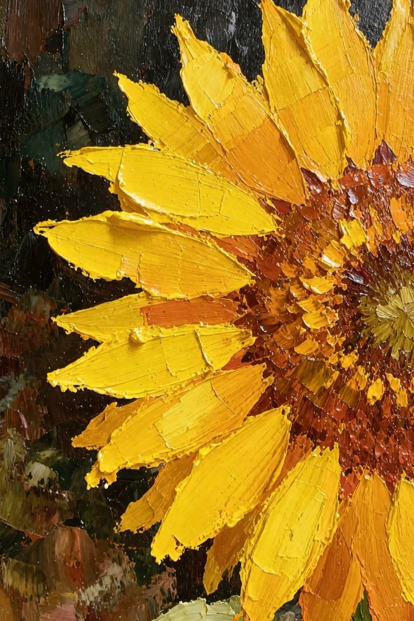 Close-up oil painting of a sunflower featuring thick yellow petals, orange-brown center, and dark background.