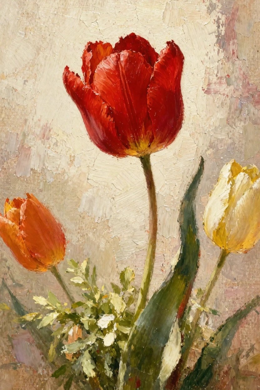 Oil painting of a tall central red tulip with smaller orange and yellow tulips, green leaves, and stems against a textured beige background.