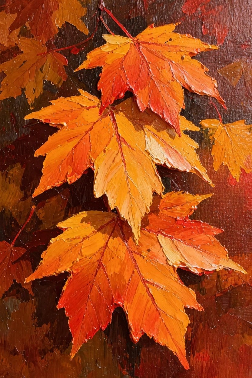 Oil painting close-up of overlapping orange, red, and yellow maple leaves with textured brushwork against a dark reddish-brown background.
