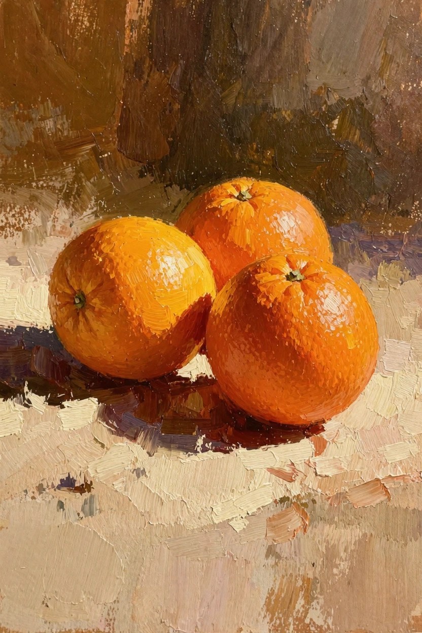 Oil painting of three textured oranges clustered on a light beige surface with warm side lighting and soft shadows.