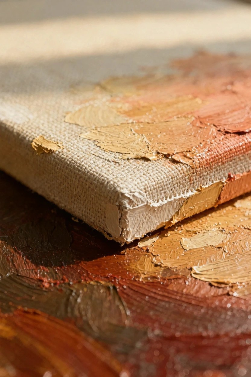 Close-up of a canvas corner with thick impasto paint in beige, yellow, orange, brown, and red tones spilling over the edge.