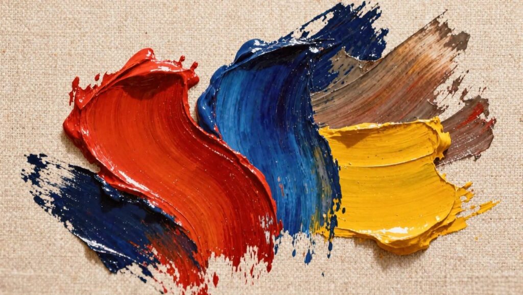 Various thick strokes and blobs of colorful oil paint in red, blue, yellow, brown, and purple arranged in an overlapping abstract pile on beige fabric.