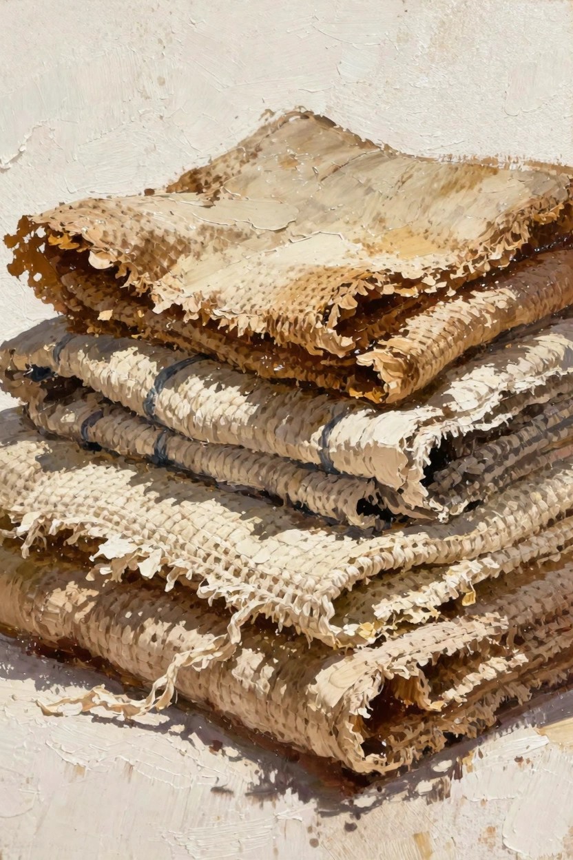 Realistic oil painting of stacked frayed burlap sacks in beige and tan tones with blue stripes on a white textured surface under sunlight.