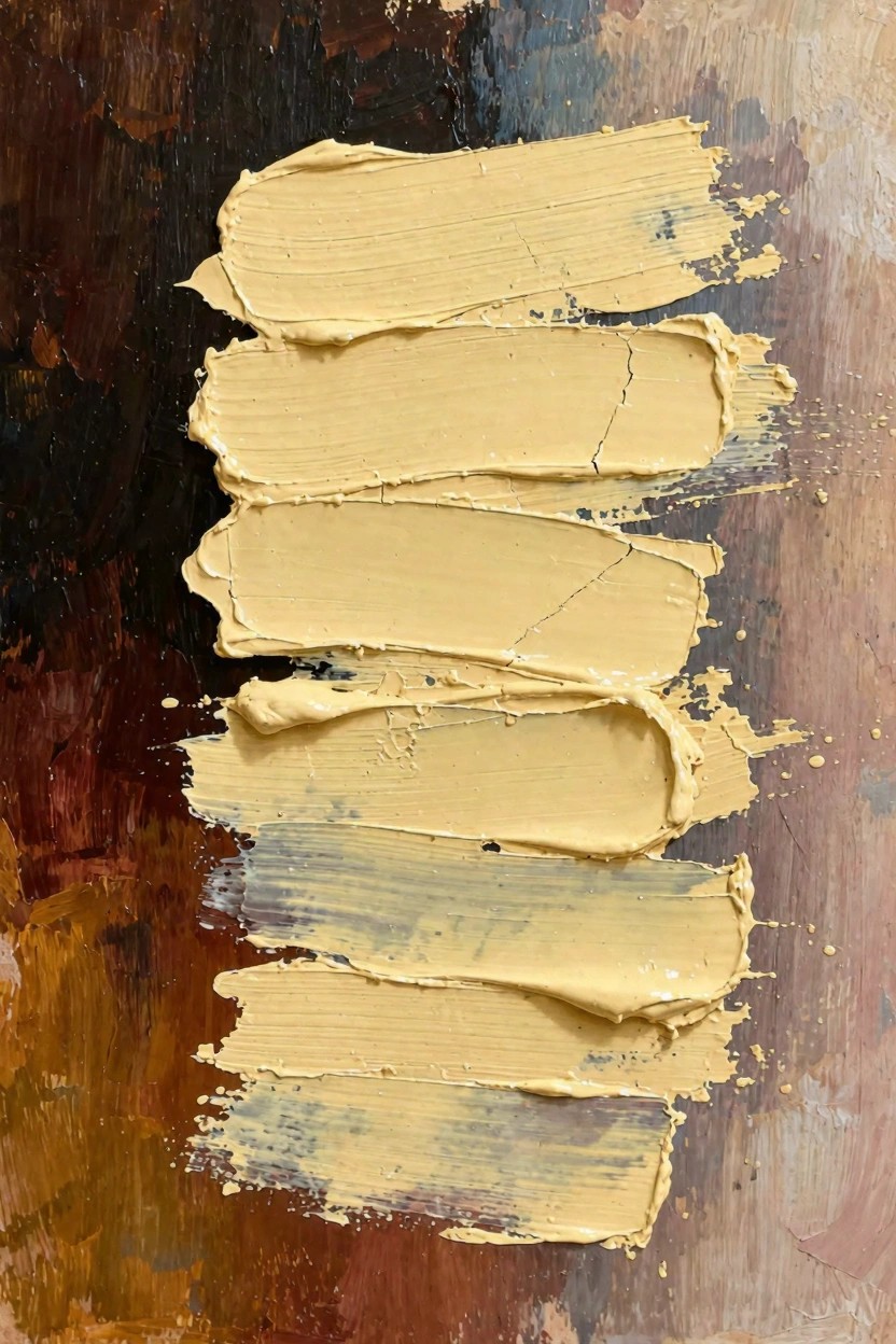 Abstract oil painting with vertical stacks of thick, cracked yellow impasto over a textured background of browns, reds, grays, and rusts.