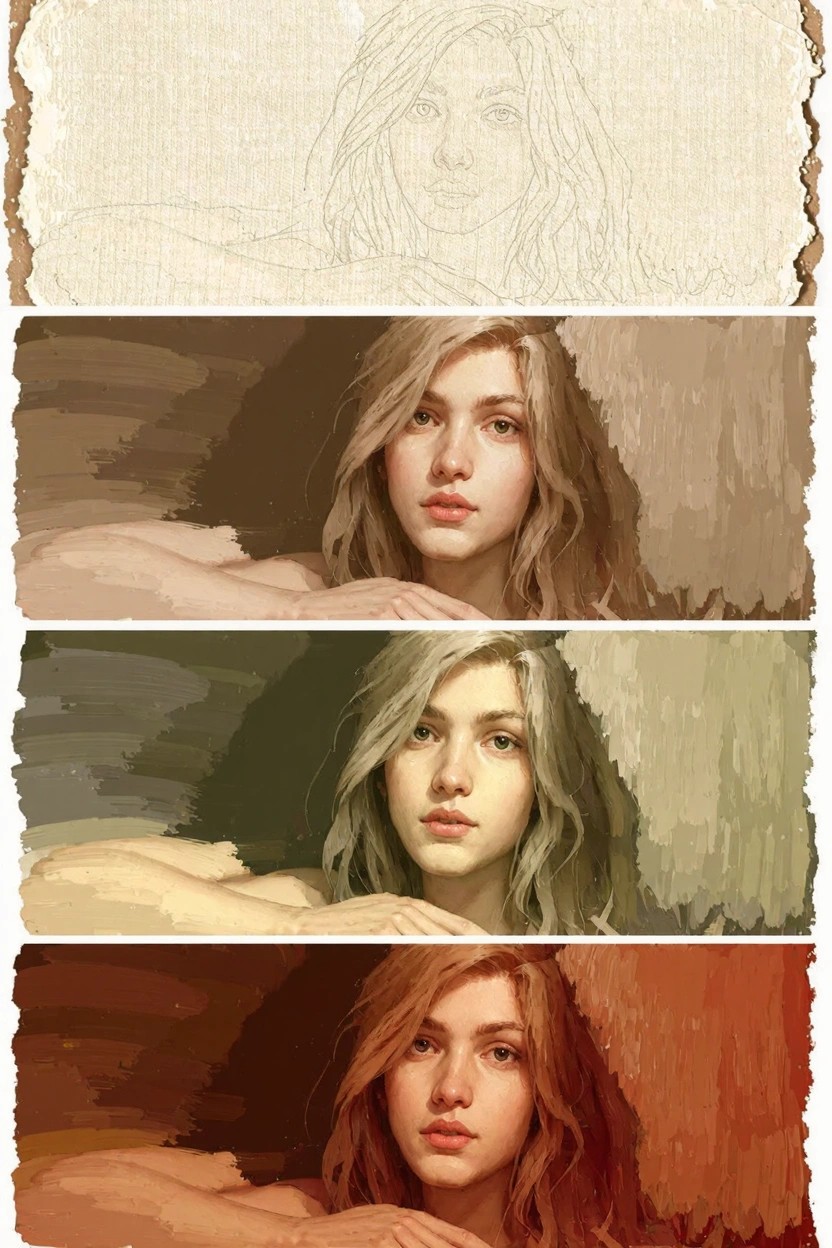 Four stacked images showing progressive stages of an oil painting portrait, from pencil sketch of a woman's face and shoulders to warm-toned layered finish with her hands under chin.