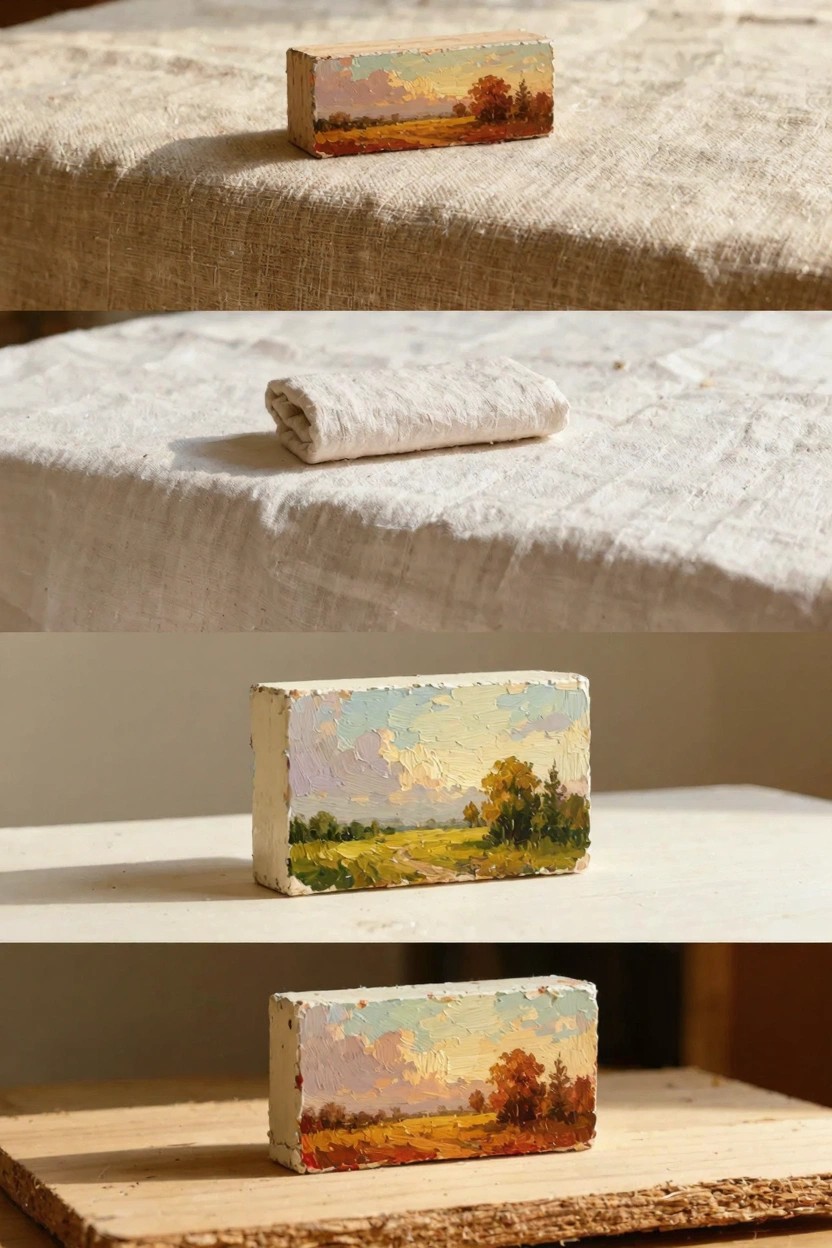 Small oil paintings of landscapes on wooden blocks next to a rolled linen cloth on textured surfaces.