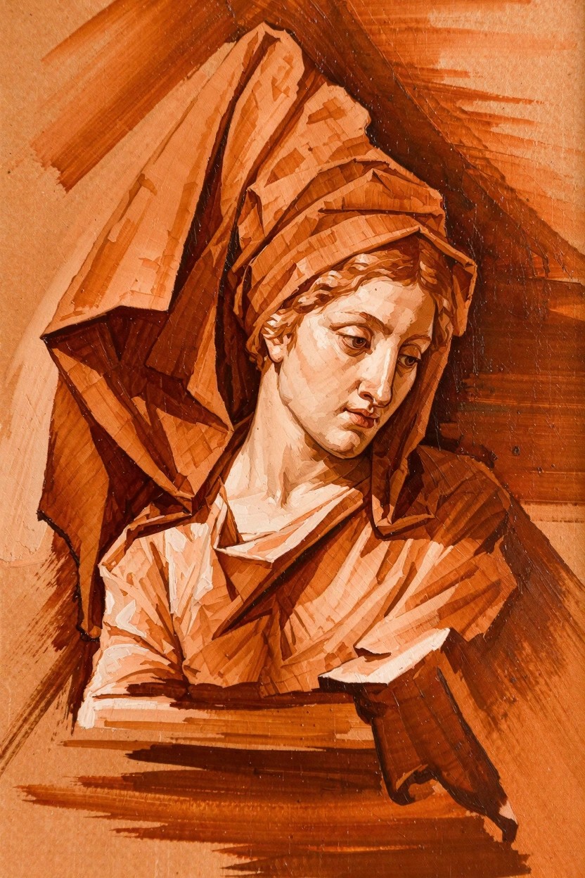 Close-up portrait of a woman in orange-brown drapery and headscarf holding a book, painted with wood-grain textured strokes.
