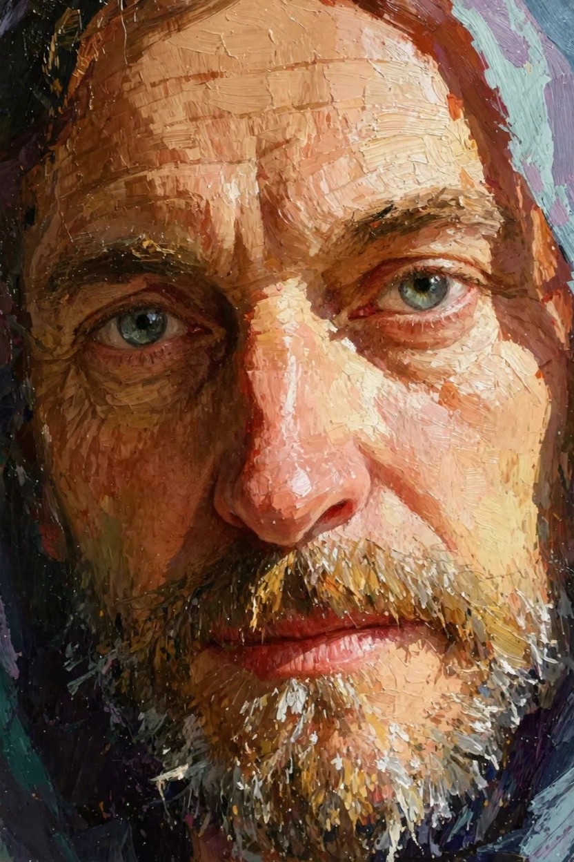 Oil painting close-up of older bearded man with green eyes and blue hood.