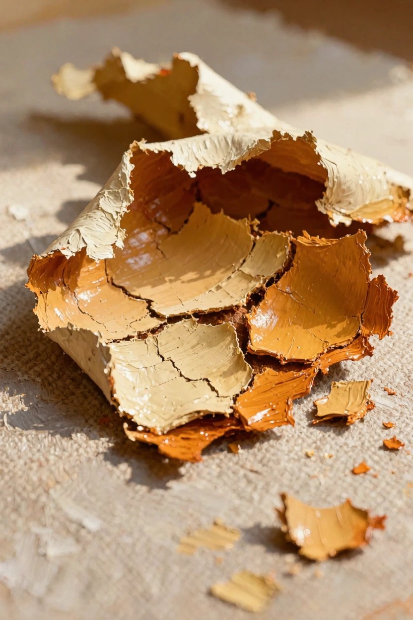 Close-up of beige and orange cracked paint flakes scattered on a light textured surface.