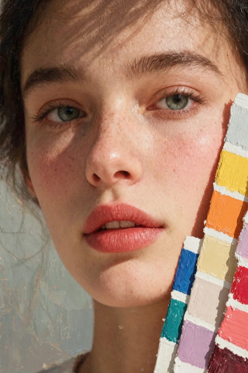 A close-up of a young woman with green eyes, freckles, and wavy brown hair holding a vertical strip of multicolored paint swatches next to her face in soft light.