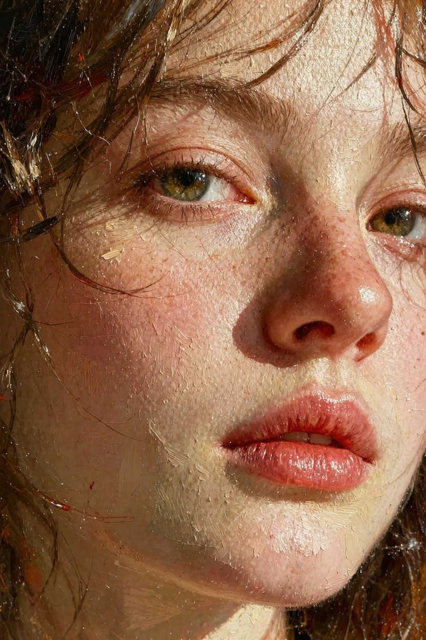 Close-up oil painting of a young woman's freckled face with wet hair, green eyes, and glossy skin.