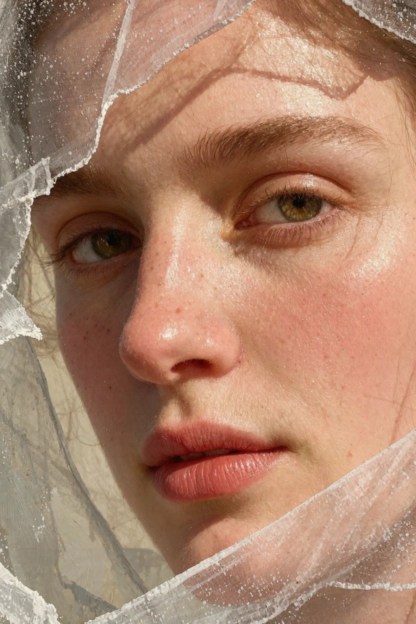 Close-up oil painting portrait of a woman's face with green eyes, freckles, and dewy skin partially veiled by translucent white fabric.