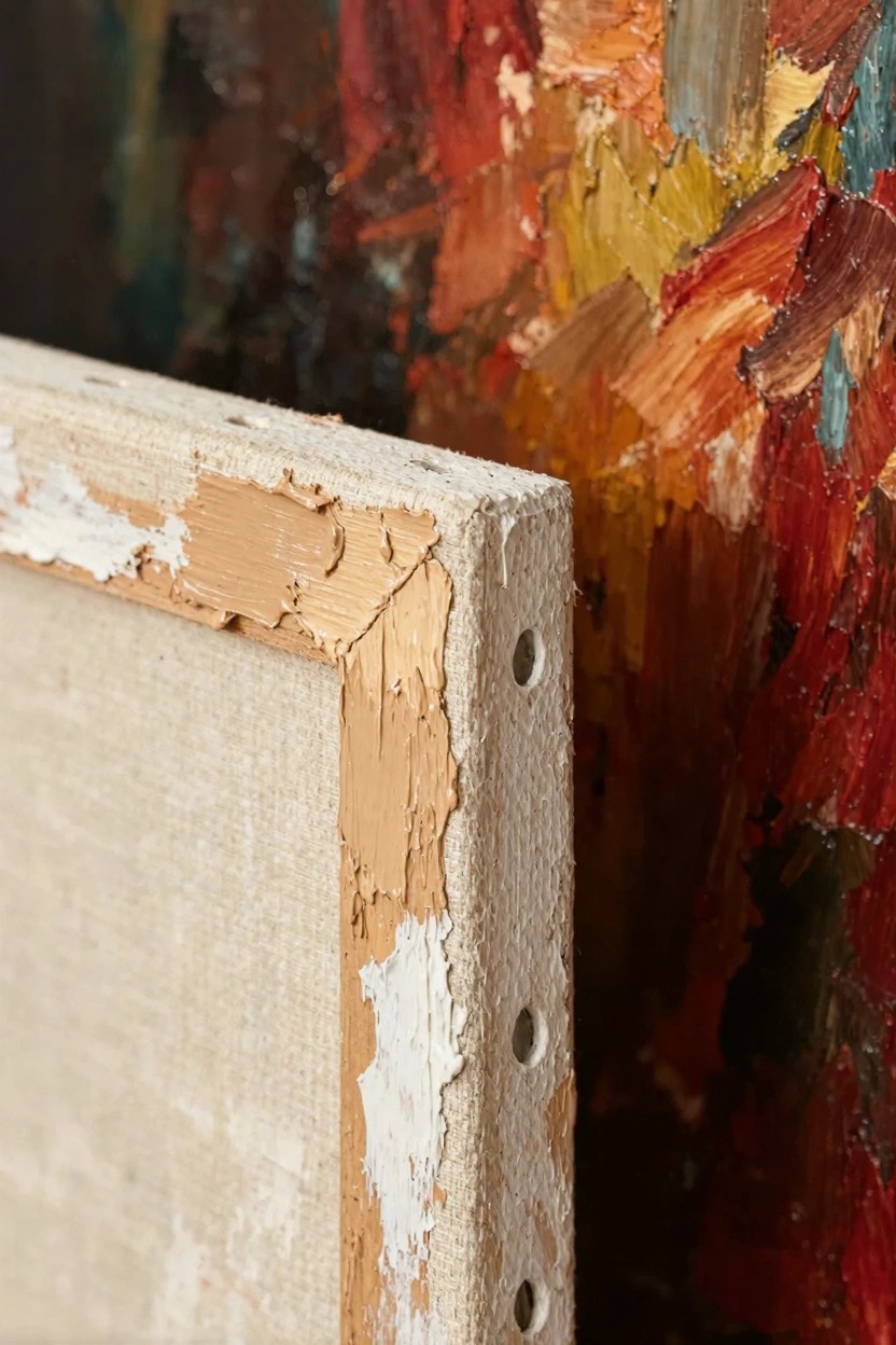 Close-up of a blank primed canvas stretched on wooden bars with peeling edges next to a vibrant abstract oil painting.