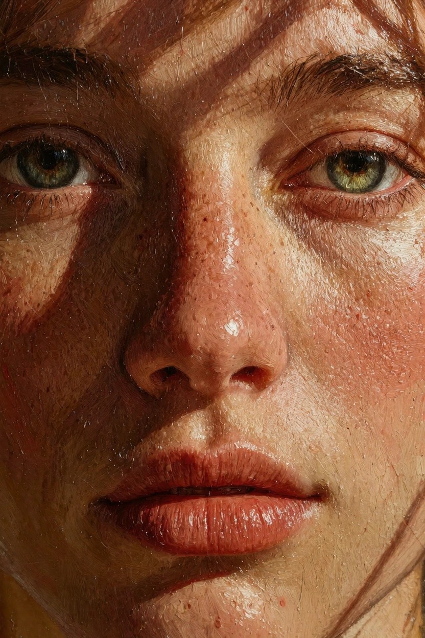 Close-up oil painting of a woman's freckled face with green eyes, glossy lips, and dappled sunlight shadows.