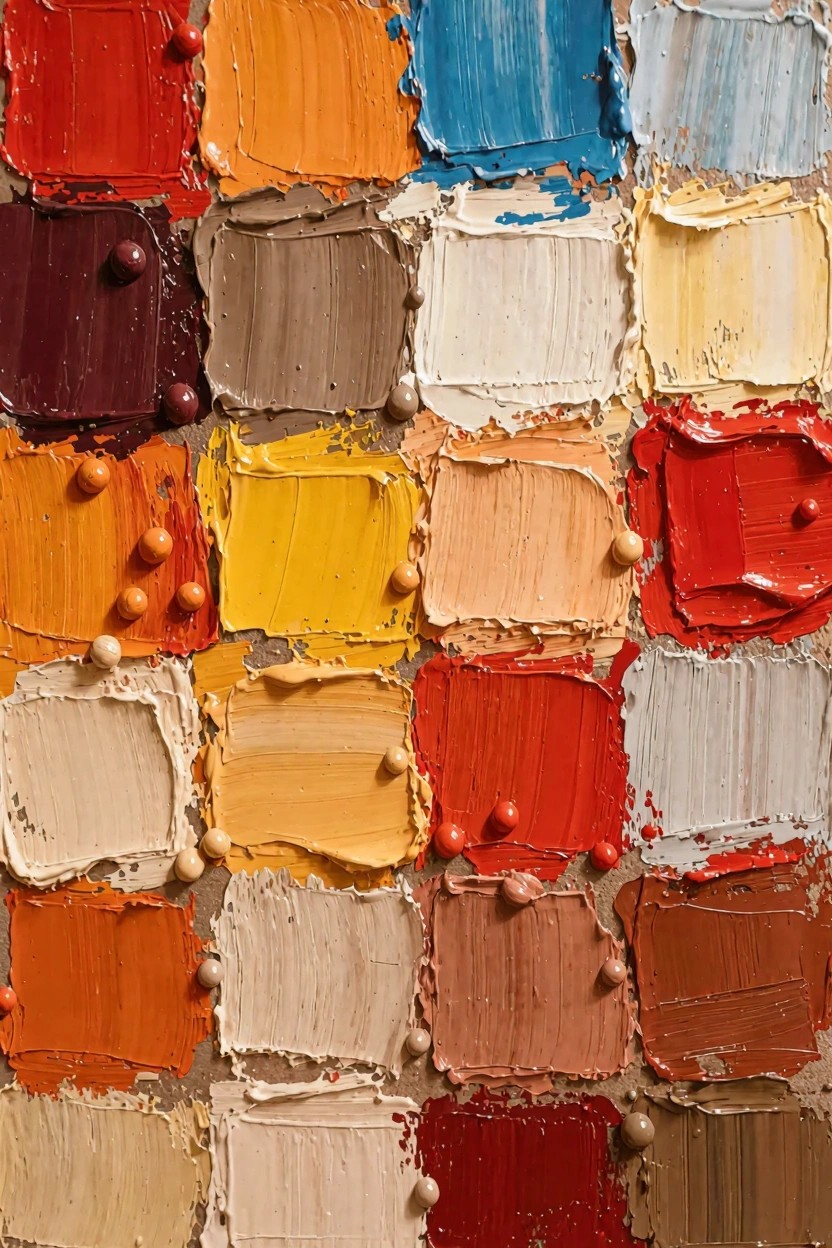 Grid of colorful oil paint squares with thick texture and small matching beads.