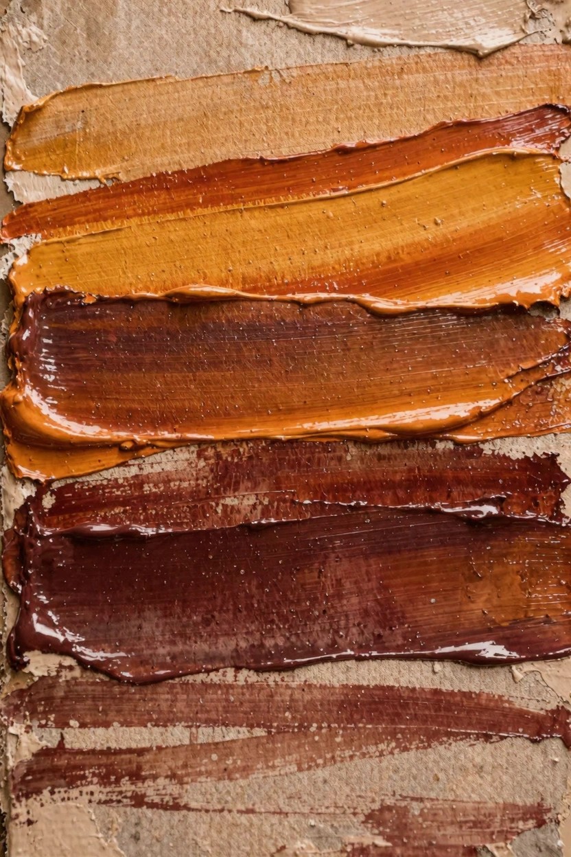 Thick parallel streaks of oil paint in shades from tan to deep brown on textured canvas.