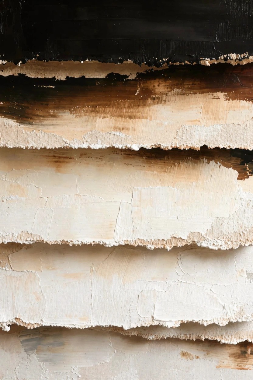 Abstract close-up of stacked horizontal strips with ragged, textured edges in a gradient from black to white paint.