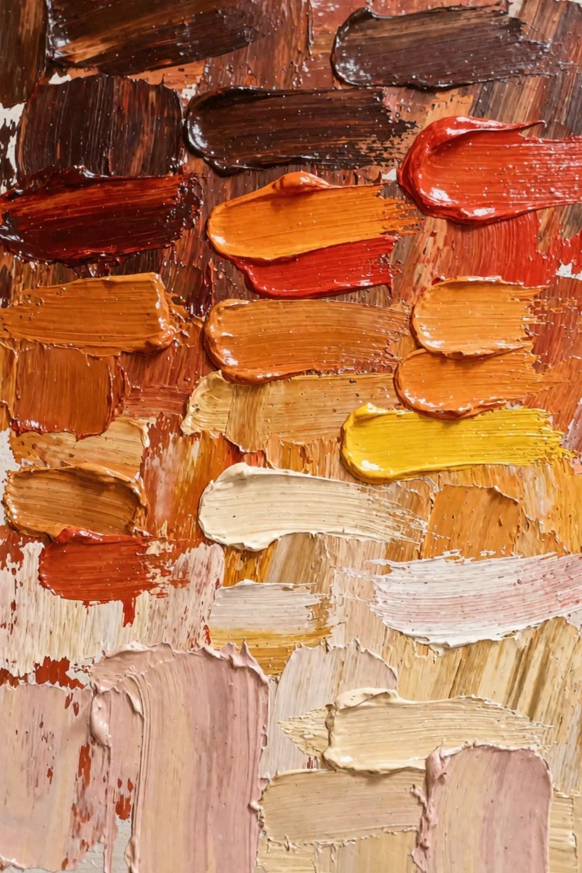 Close-up of a wooden palette with thick, textured smears of oil paint in shades of brown, orange, red, yellow, and cream.