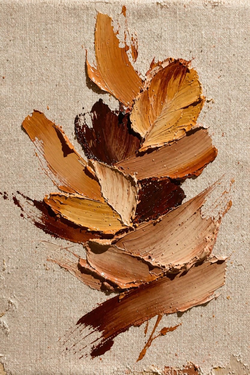 Abstract oil painting of overlapping thick strokes in shades of orange, brown, beige, and tan on textured beige canvas.