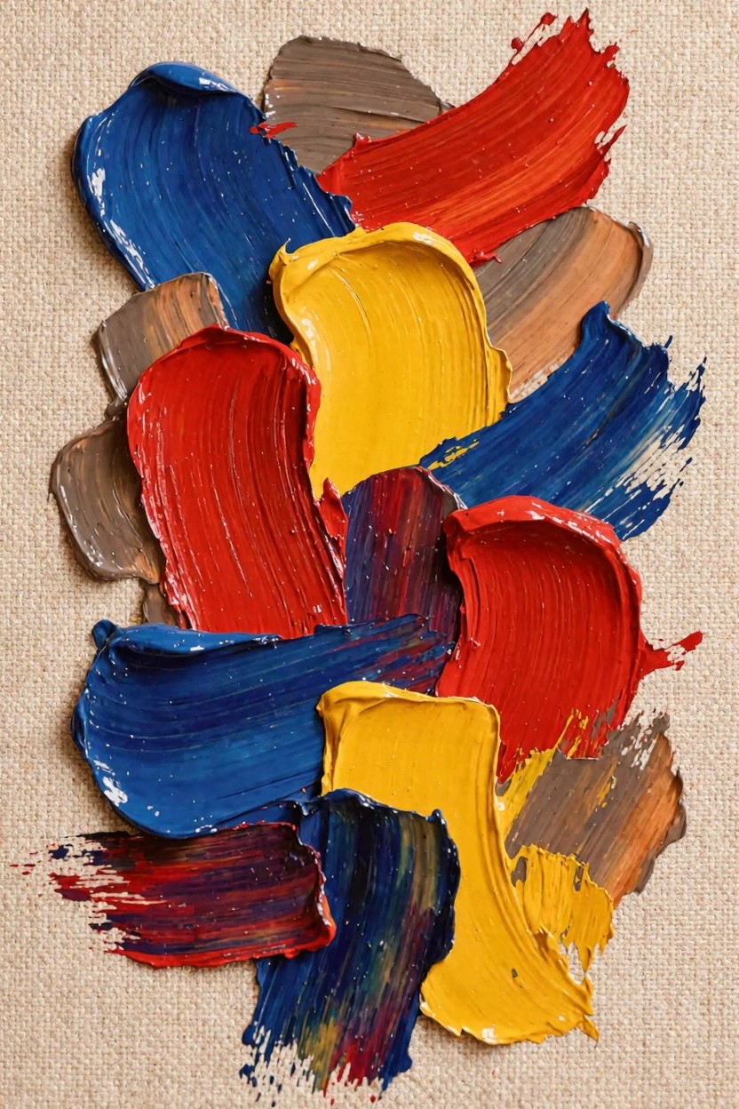 Various thick strokes and blobs of colorful oil paint in red, blue, yellow, brown, and purple arranged in an overlapping abstract pile on beige fabric.