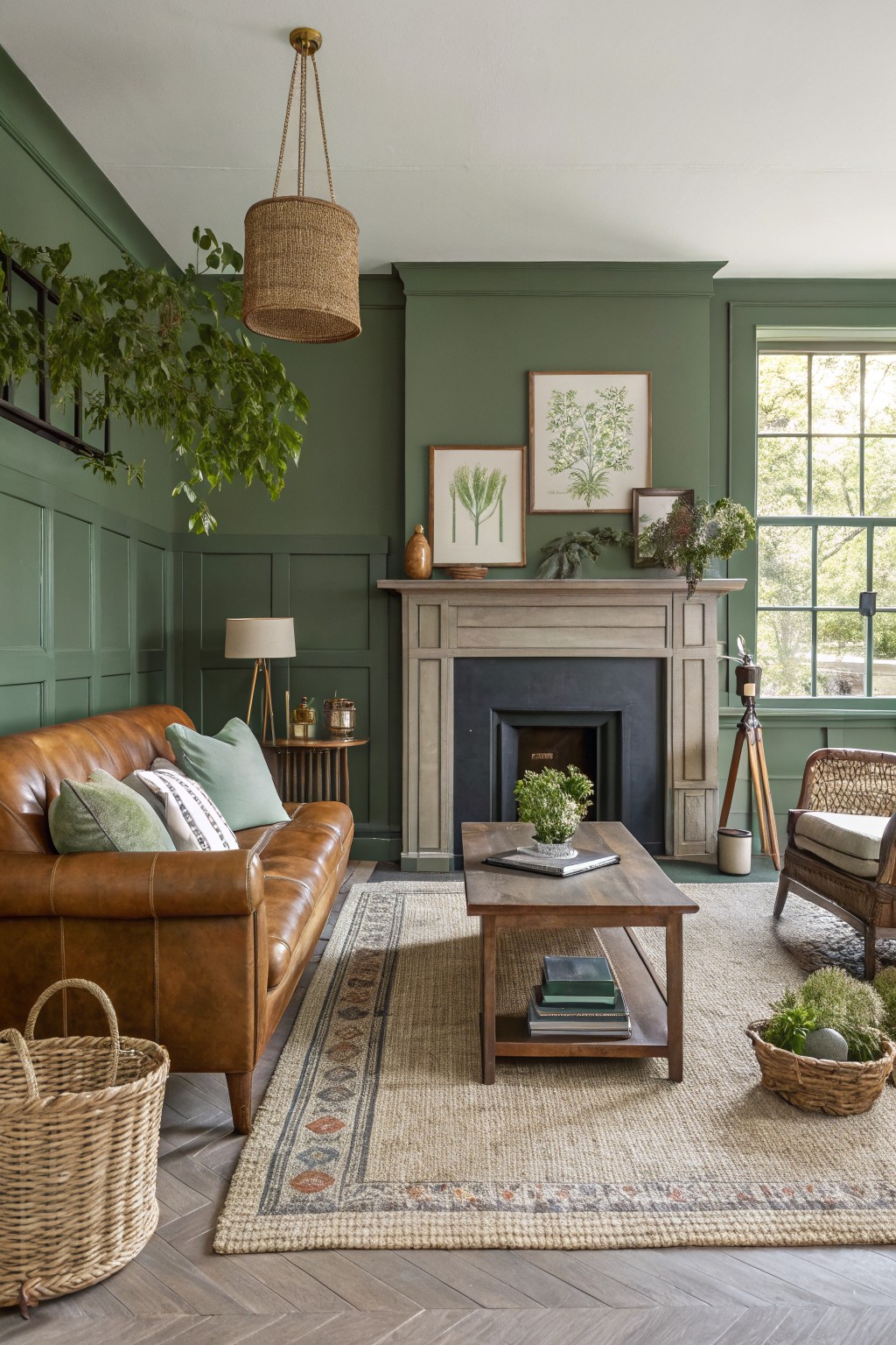 Cozy living room featuring deep sage green paneled walls, tan leather sofa, wooden coffee table, fireplace, plants, and natural light from large windows