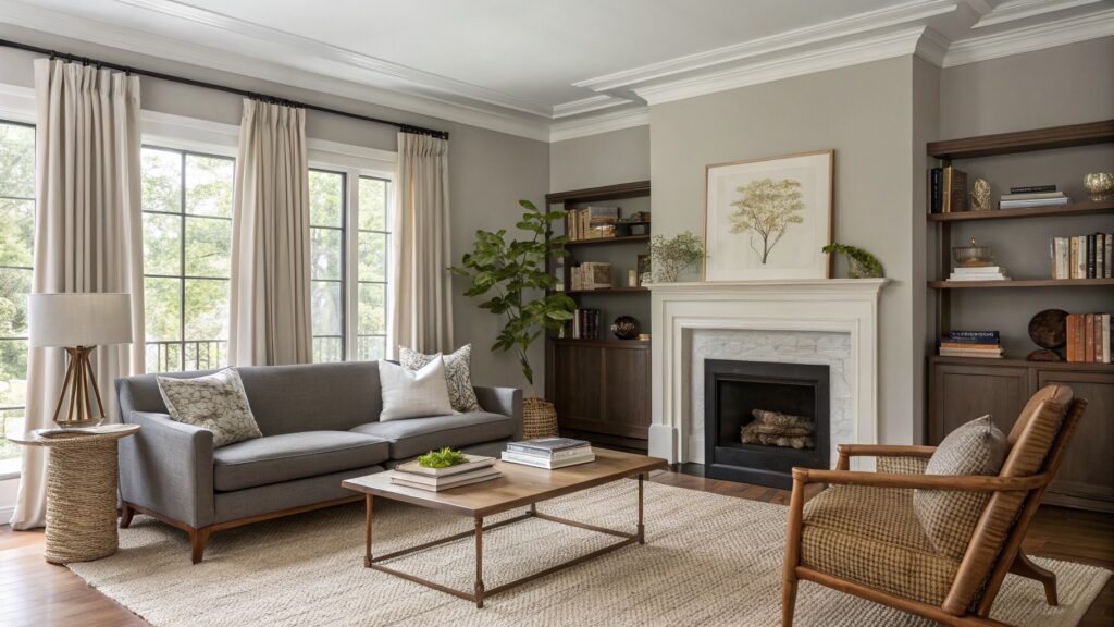 Living room with soft greige walls, gray sofa, rattan chair, wood coffee table with bowl of greens, fireplace, bookshelves, large windows with cream curtains, and herringbone wood floors.