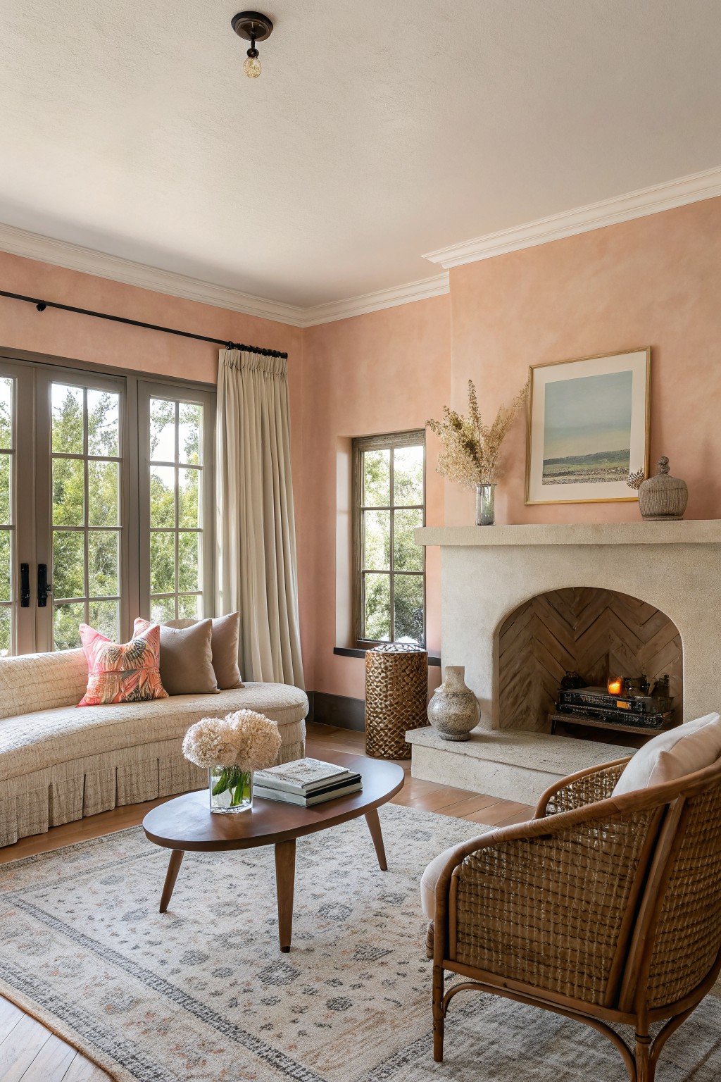 Cozy living room featuring muted peach walls, a curved cream sofa with pink and neutral pillows, oval wood coffee table with white peonies, rattan armchair, and arched stone fireplace with herringbone wood firebox