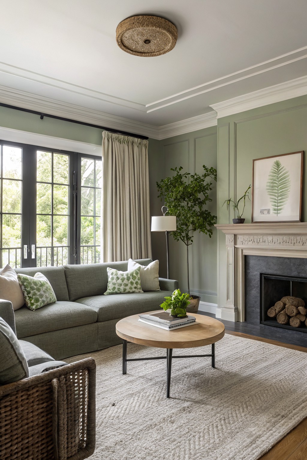 Living room featuring pale sage green paneled walls, a green sofa with patterned pillows, wood coffee table, rattan chair, potted plants, and a fireplace with stacked logs