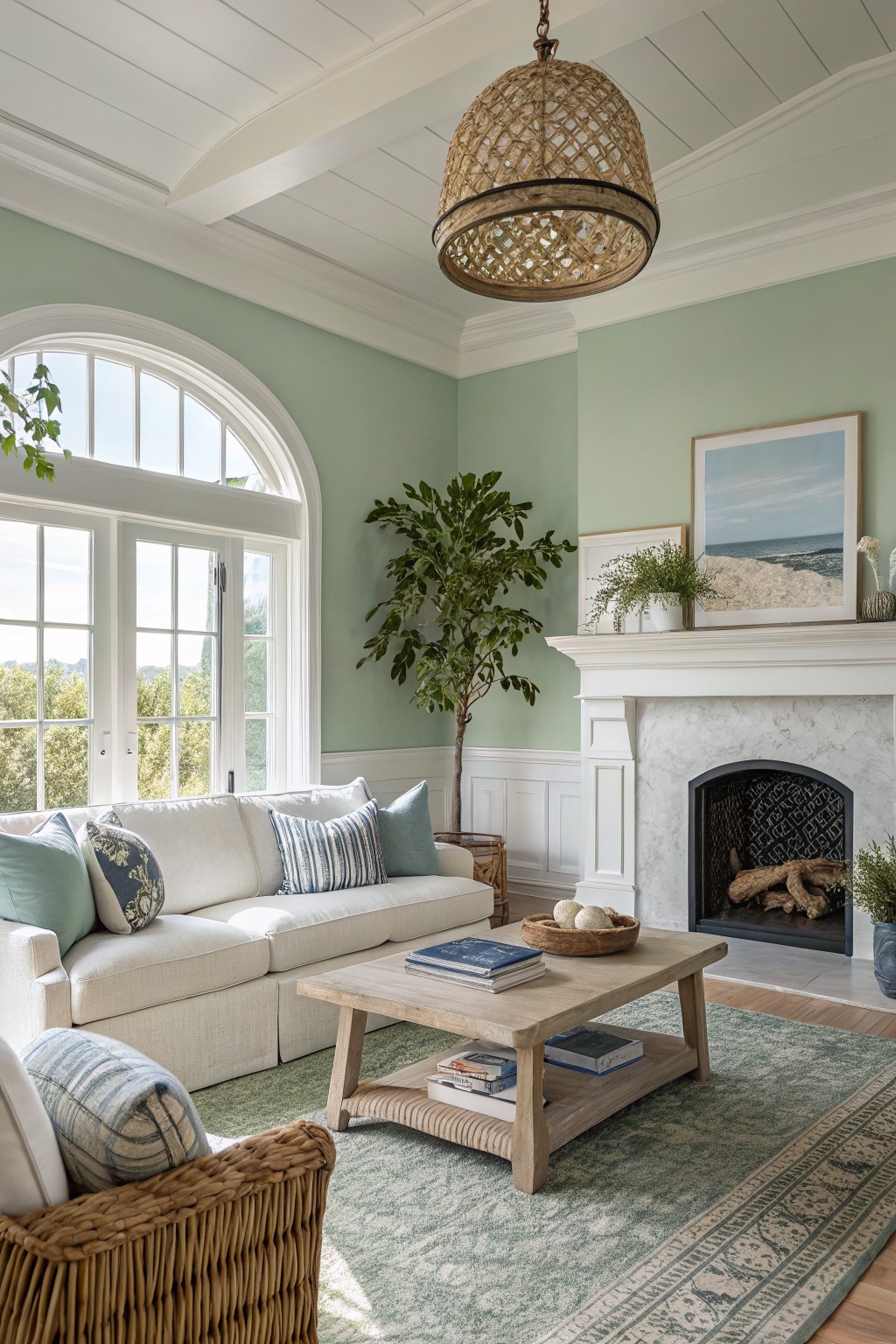 Living room with pale sage green walls, white trim, rattan pendant light, white sofa with blue pillows, wood coffee table, and marble fireplace